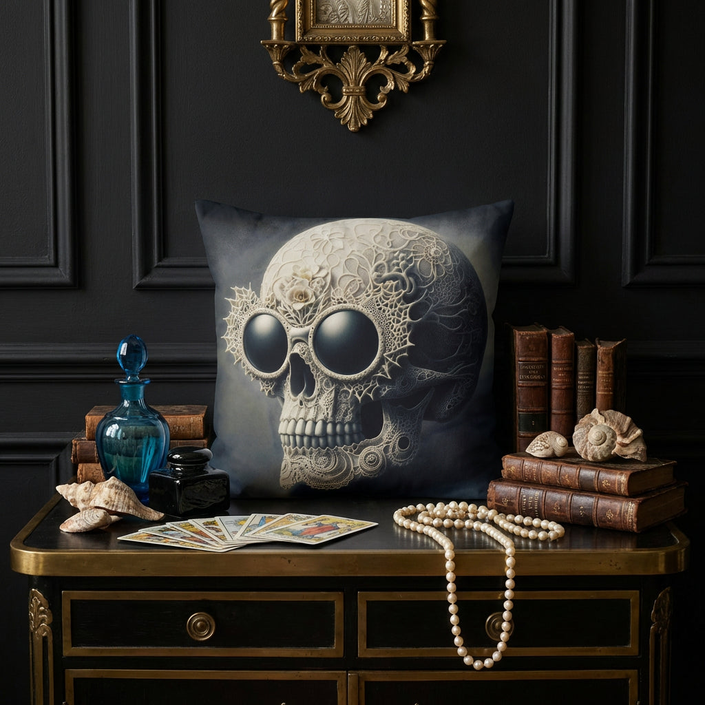 Photographie professionnelle d'un cabinet de curiosité,  commode d'apothicaire où est posé un coussin carré motif vanité crâne tête de mort entouré des objets  flacon de parfum en verre bleu, encrier en faience noir, cartes de tarot, livres anciens, coquillages fossiles, collier de perle dessus, un ex voto au mur. Ambiance mystérieuse et chic.