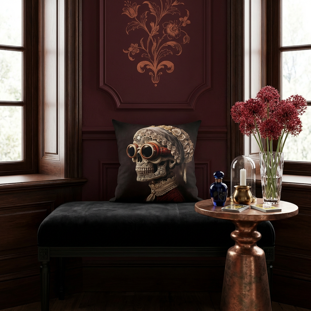 photographie professionnelle d'un boudoir, vue rapprochée de face sur un coussin mzelle design motif vanité  posé sur une banquette en velours noir placée dans bow-window en bois sombre verni. Mur bordeaux profond avec moulures classiques, partiellement décoré d'une fresque florale baroque cuivré stylisé, guéridon en cuivre patiné avec des fleurs et des objets. 