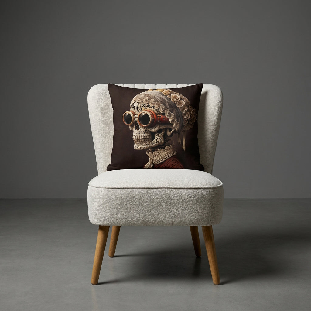 photographie professionnelle décoration de mobilier, fauteuil épuré de style crapaud écru capitonné avec un coussin mzelle design motif vanité steampunk, posé dessus, placé dans un décor neutre.