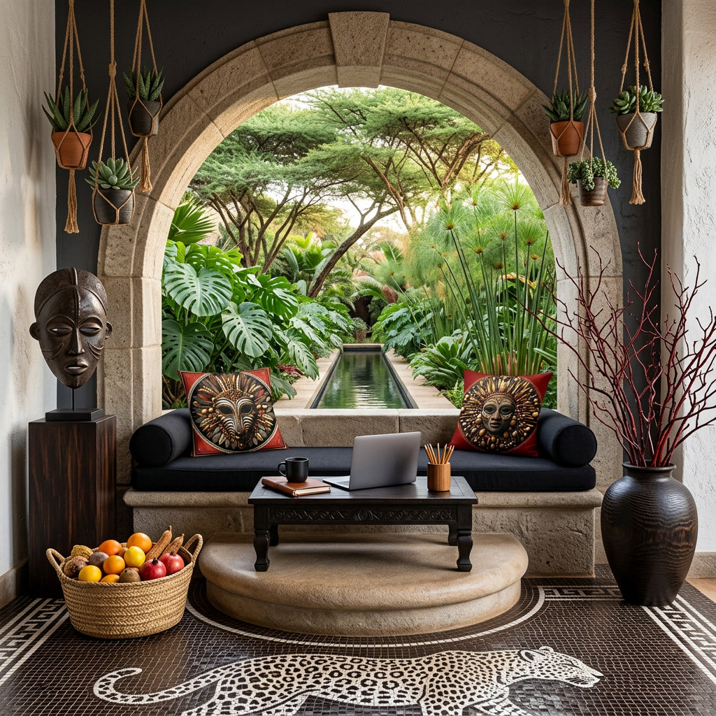 photographie professionnelle d'un intérieur villa au Kénya au design audacieux : banquette de pierre surélevé sur une marche arrondie, ornée de deux coussins mzelle design motif zebre et masque. Table basse assortie avec laptop, tasse de café, carnet, pot à crayons. En arrière plan, une arche ouverte sur un jardin tropicalisé , sol en mosaiques formant un félin.