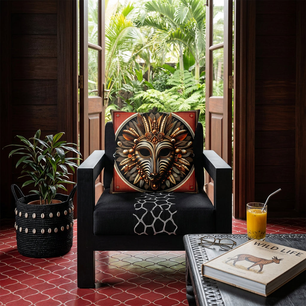 Photographie intérieur d’une villa créole, grand fauteuil épuré structure épaisse en bois noir et assise en lin noir, brodé de motifs blancs représentant des taches de girafes, orné d'un coussin carré mzelle design motif zebre tribal, placé contre un mur de panneaux de bois sombre. Au sol du carrelage rouge grenat et panier noir décoré de caulis contenant une plante tropicale. Ambiance invitante tropicale.