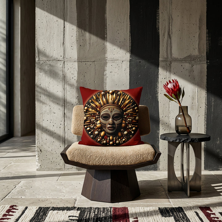 Photo professionnelle de décoration d'intérieur, salon afro chic brutaliste, tabouret sculptural bas en bois de wengé massif et assises tissu texturé sable, orné d'un large coussin MZelle Design motif masque africain, mur en béton brut peint de larges rayures grège et noir, guéridon avec soliflore en verre fume contenant une fleur de protea rouge laquée. 