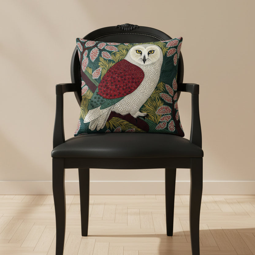 photographie professionnelle studio, vue de face sur un fauteuil régence noir avec un coussin mzelle design motif chouette vintage, posé dessus, placé dans un décor écru neutre, sobre, sol en parquet clair.