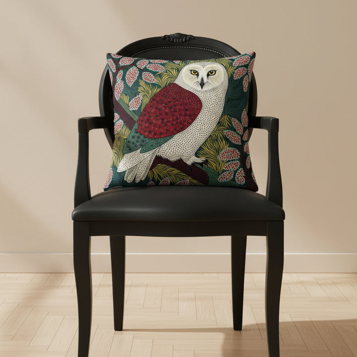 photographie professionnelle studio, vue de face sur un fauteuil régence noir avec un coussin mzelle design motif chouette vintage, posé dessus, placé dans un décor écru neutre, sobre, sol en parquet clair.