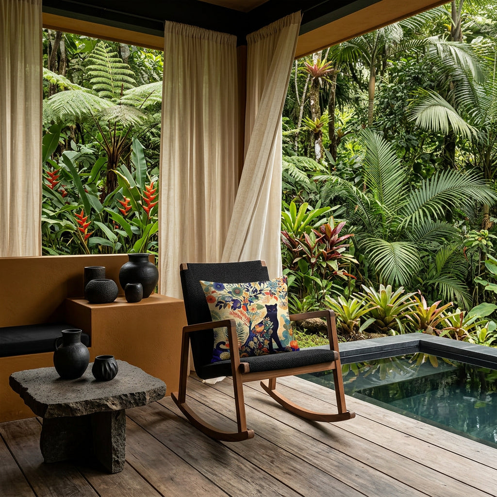 Photo professionnelle lifestyle, décoration terrasse d’eco-lodge du costa-rica, rocking chair moderne bois noir assises en tissu noir texturé vue de face, orné d'un coussin mzelle design motif panthère, table basse en pierre volcanique, sol en bois brut, poteries artisanales (noir, bleu et vert) dans un muret peint en ocre, rideaux en lin crème architecture ouverte sur une jungle luxuriante et piscine sombre moderne.