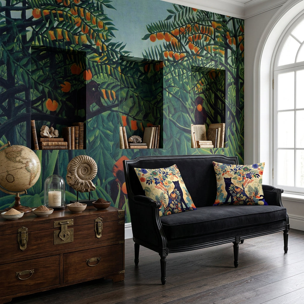 Photo professionnelle de décoration d'intérieur, salon artisique esprit Wunderkammer collectionneur.  Canapé boudoir en bois noir orné de 2 coussins mzelle design motif félins,  Architecture sobre aux lignes épurées, mur peint d'une fresque du douanier rousseau , 3 niches creusées remplies de livres , sol en bois fumé.  Quelques pièces soigneusement sélectionnées sur une commode d'apothicaire en bois noir. 