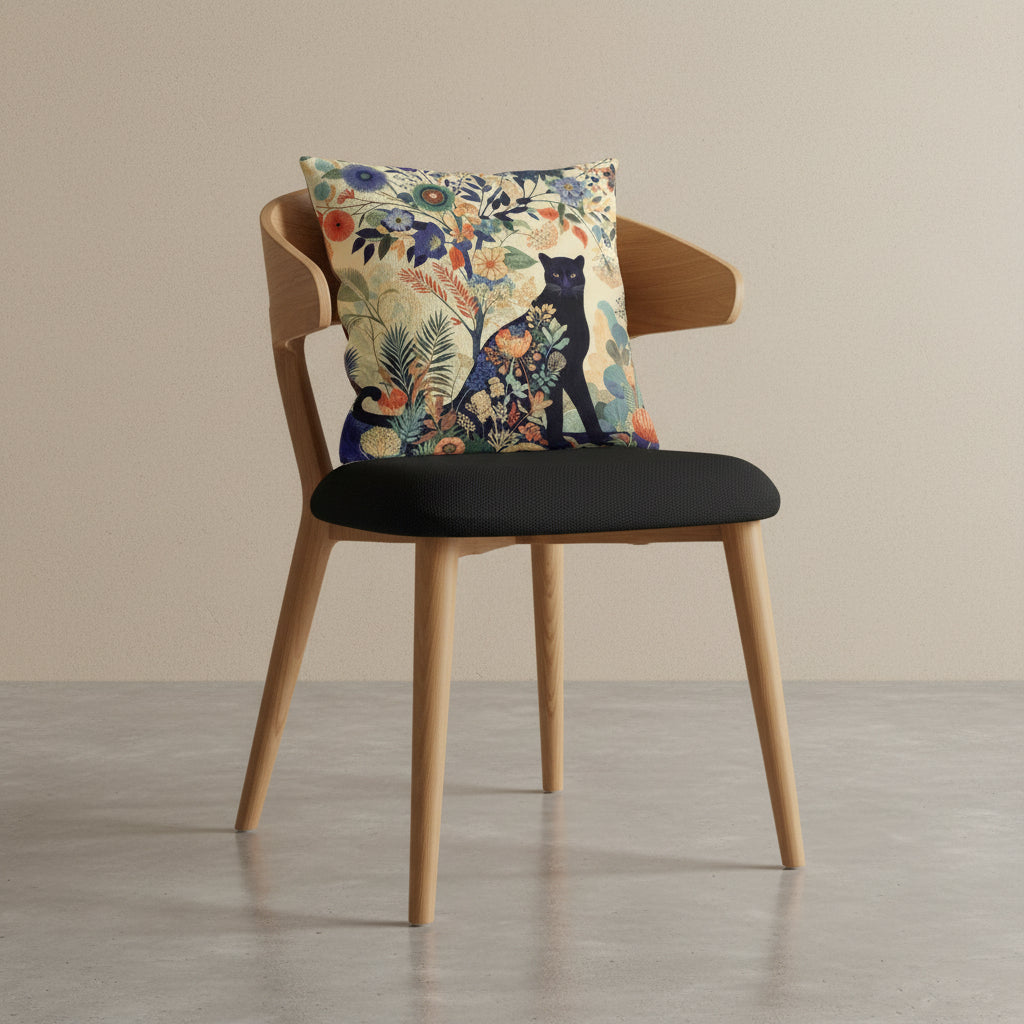 photographie professionnelle studio, vue de 3/4 sur une chaise haute design moderne dossier arrondie, assise en twill noir avec un coussin mzelle design motif panthère posé dessus, placé dans un décor beige neutre et sol en béton ciré.