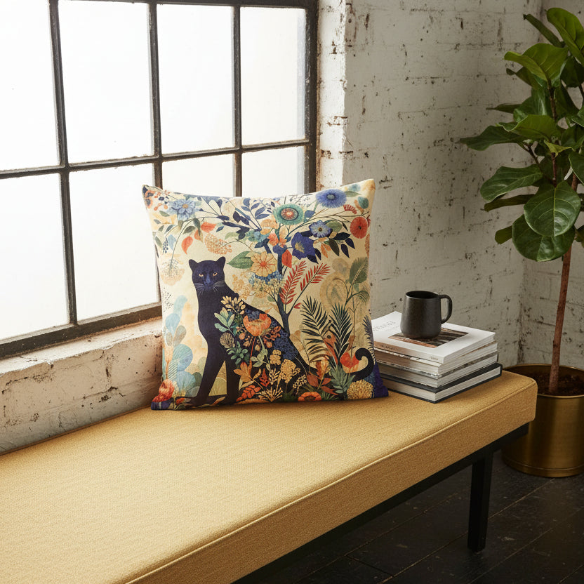 Photographie d’intérieur décoration de loft boho chic, vue en plongée en gros plan sur une banquette en tissu lin jaune paille orné d'un coussin mzelle design motif félin, adossé au mur sous une fenêtre industrielle, à côté d'une tasse de café en céramique émail mat posée sur une pile de livres d'art, ficus dans un pot en laiton sur le sol, mur blanchi en vieilles pierres. 