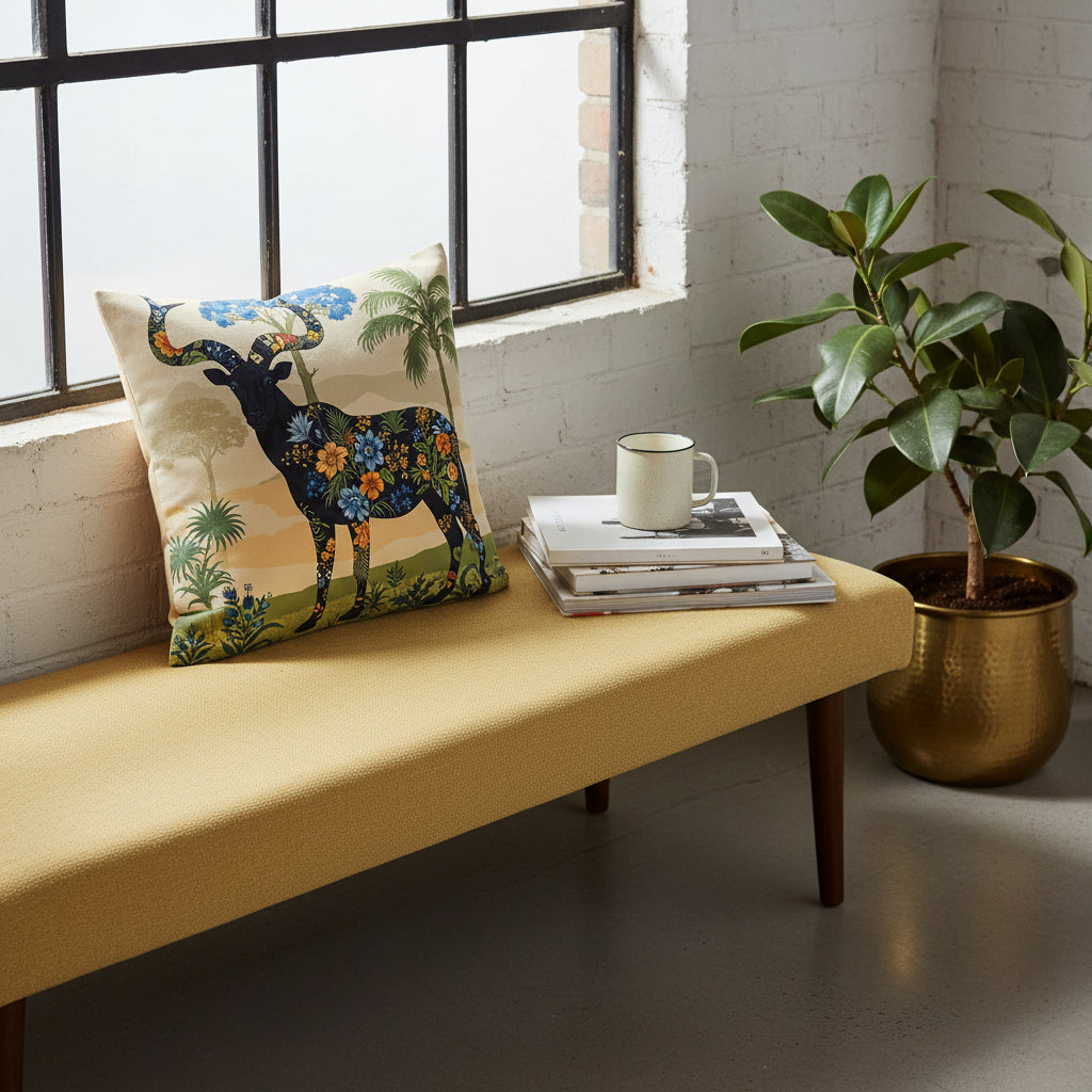 Photographie d’intérieur décoration de loft boho chic, vue en plongée en gros plan sur une banquette en tissu lin jaune paille orné d'un coussin mzelle design motif animalier, adossé au mur sous une fenêtre industrielle, à côté d'une tasse de café en céramique émail mat posée sur une pile de livres d'art, ficus dans un pot en laiton sur le sol, mur blanchi en vieilles pierres.