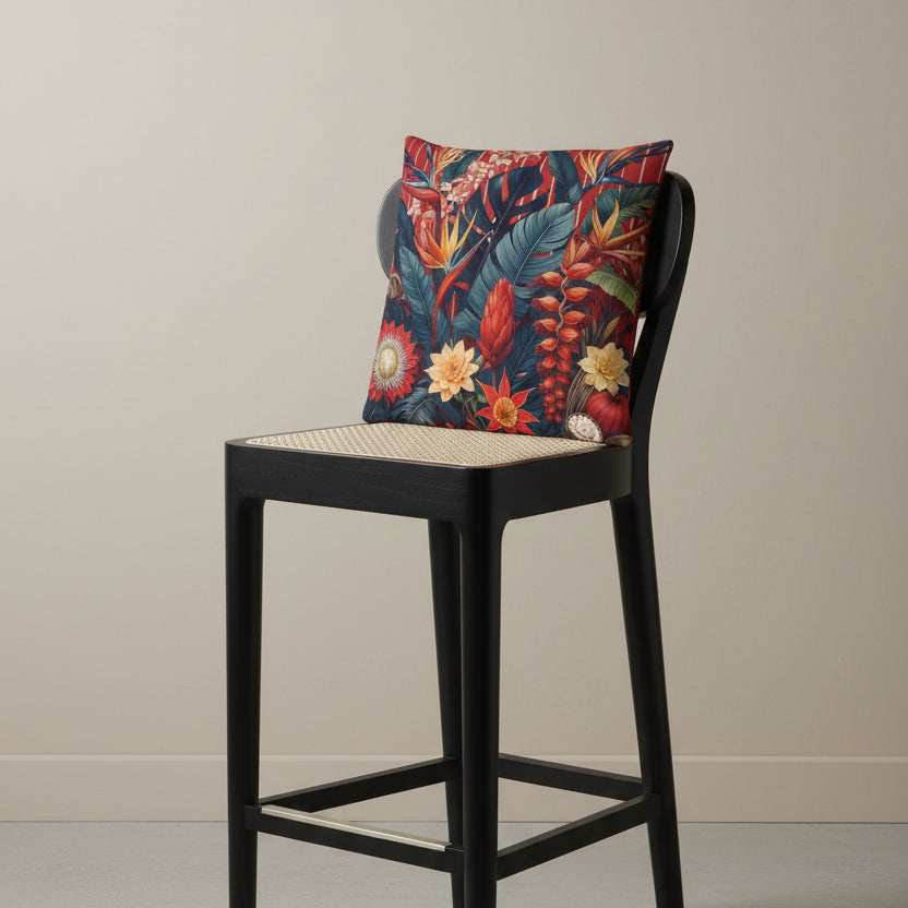 photographie professionnelle studio, vue de 3/4 sur une chaise créole haute en bois de wengé noir, design moderne dossier arrondie, assise en cannage écru avec un coussin mzelle design motif jardin tropical, placé dans un décor beige neutre. 
