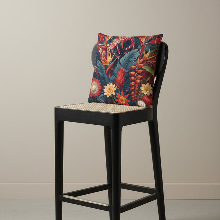 photographie professionnelle studio, vue de 3/4 sur une chaise créole haute en bois de wengé noir, design moderne dossier arrondie, assise en cannage écru avec un coussin mzelle design motif jardin tropical, placé dans un décor beige neutre. 