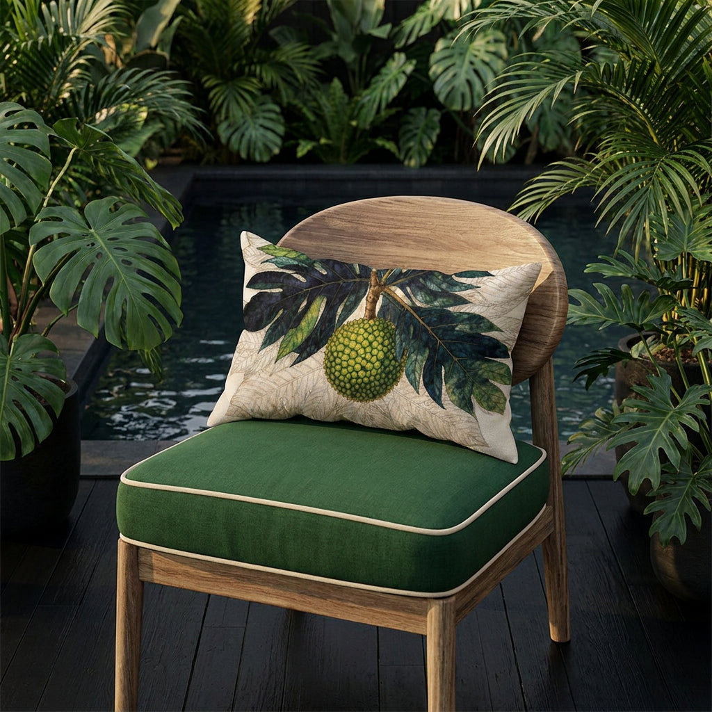 Photographie d'un grand coussin rectangulaire mzelle design motif fruit tropical disposé sur un fauteuil de style créole, en bois précieux dans un décor tropicale avec piscine et monsteras.