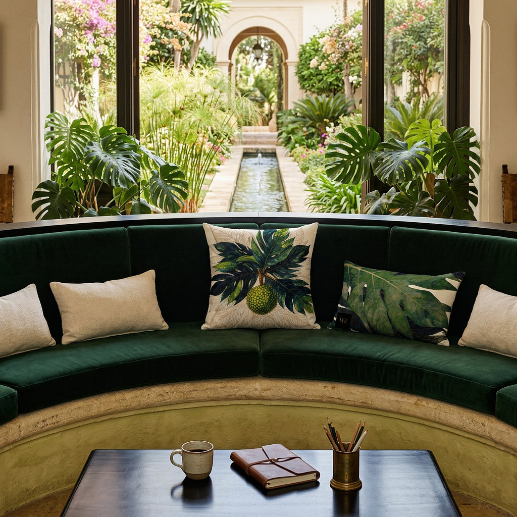photographie professionnelle d'une  hacienda tropicale, banquette de pierre surélevé sur une marche arrondie, orné de 2 coussins mzelle design motifs tropical. Table basse assortie avec une tasse de café, carnet, pot à crayons. En arrière plan, une arche ouverte sur un jardin espagnol. 
