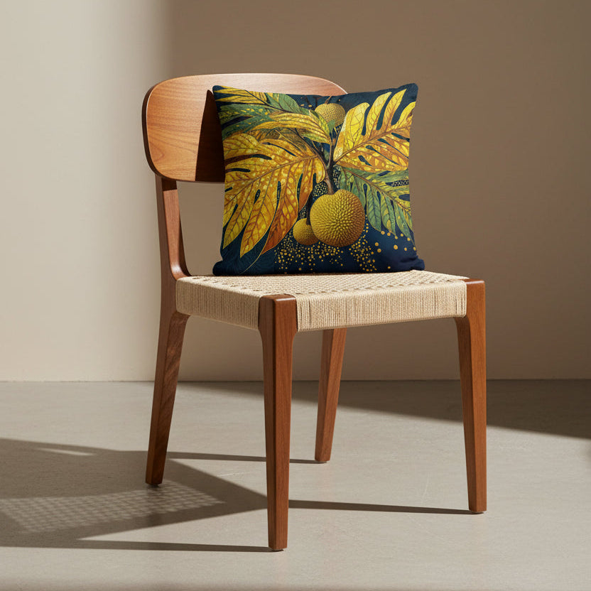 photographie professionnelle studio, vue de 3/4 sur une chaise créole haute en bois de manguier, design moderne dossier arrondie, assise en cannage écru avec un coussin mzelle design motif fruit à pain tropical, placé dans un décor beige neutre et sol en béton ciré.