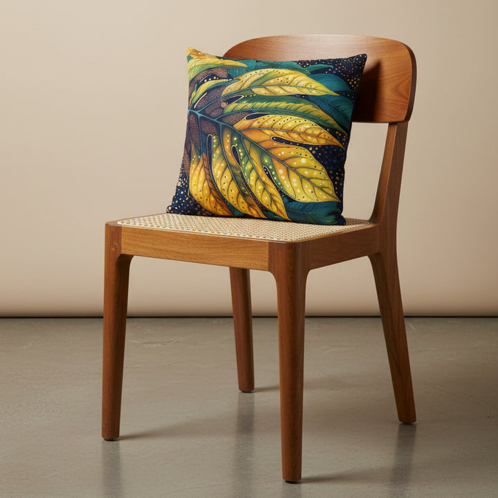 photographie professionnelle studio, vue de 3/4 sur une chaise créole haute en bois de manguier, design moderne dossier arrondie, assise en cannage écru avec un coussin mzelle design motif fruit à pain tropical, placé dans un décor beige neutre et sol en béton ciré.
