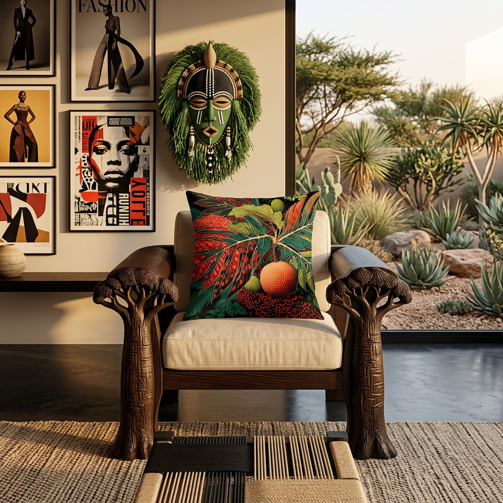 photographie professionnelle, esthétique éditoriale, décoration Afro chic d'architecte, fauteuil audacieux en wengé sculptée en forme de baobab  orné d'un large coussin mzelle design motif fruit à pain rouge, affiches mode et art urbain sur un pan de mur, , tapis berbère texturé sur sol en ciment noir. 