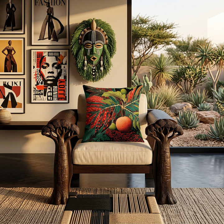 photographie professionnelle, esthétique éditoriale, décoration Afro chic d'architecte, fauteuil audacieux en wengé sculptée en forme de baobab  orné d'un large coussin mzelle design motif fruit à pain rouge, affiches mode et art urbain sur un pan de mur, , tapis berbère texturé sur sol en ciment noir. 