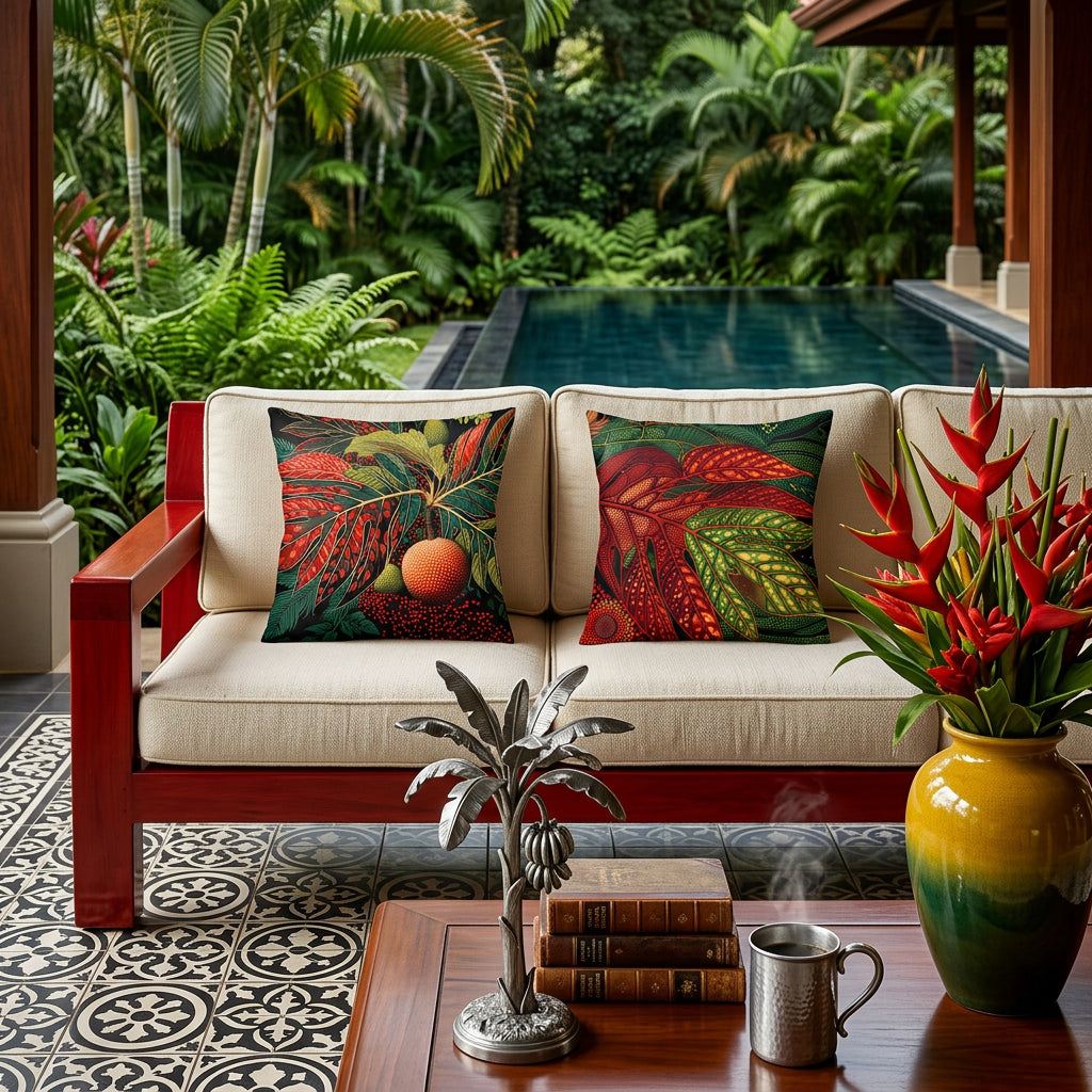 Photographie professionnelle extrêmement détaillée et de haute qualité villa du Costa Rica, canapé en bois peint rouge laqué, structure épaisse épurée, assises écrues , orné de 2 grands coussins mzelle design. vue sur jardin luxuriant, et piscine. atmosphère hospitality de luxe. 