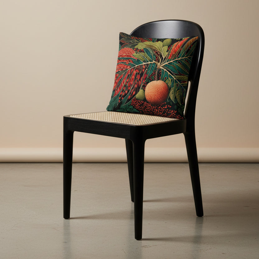 photographie professionnelle studio, vue de 3/4 sur une chaise créole haute en bois de wengé noir, design moderne dossier arrondie, assise en cannage écru avec un coussin mzelle design motif fruit à pain rouge, posé dessus, placé dans un décor beige neutre.