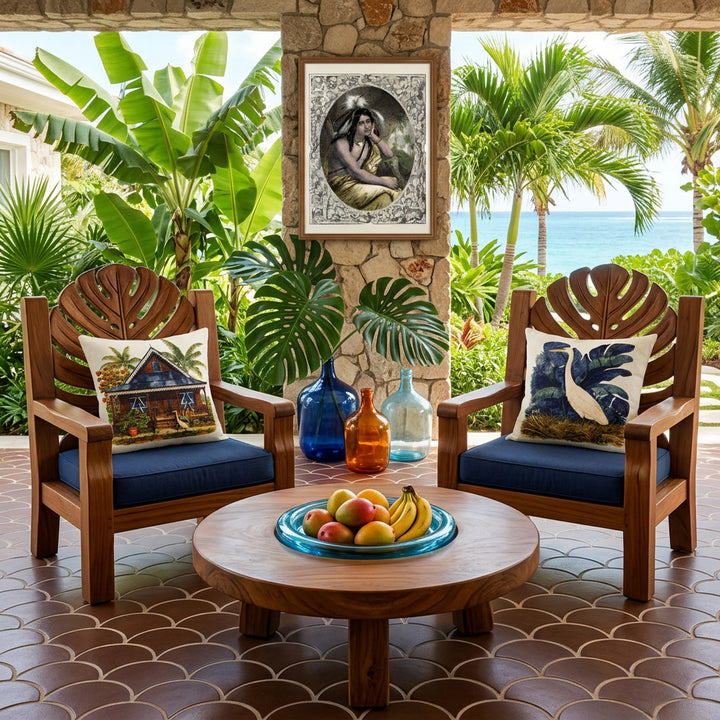 Photographie professionnelle  décoration d'intérieur villa aux Bahamas, 2 fauteuils en bois de palétuvier, chacun est orné d'un grand coussin mzelle design motif tropical maison créole. Table basse ronde en bois de palétuvier, creusée au centre d'une vasque en verre bleu contenant des mangues et des bananes. 