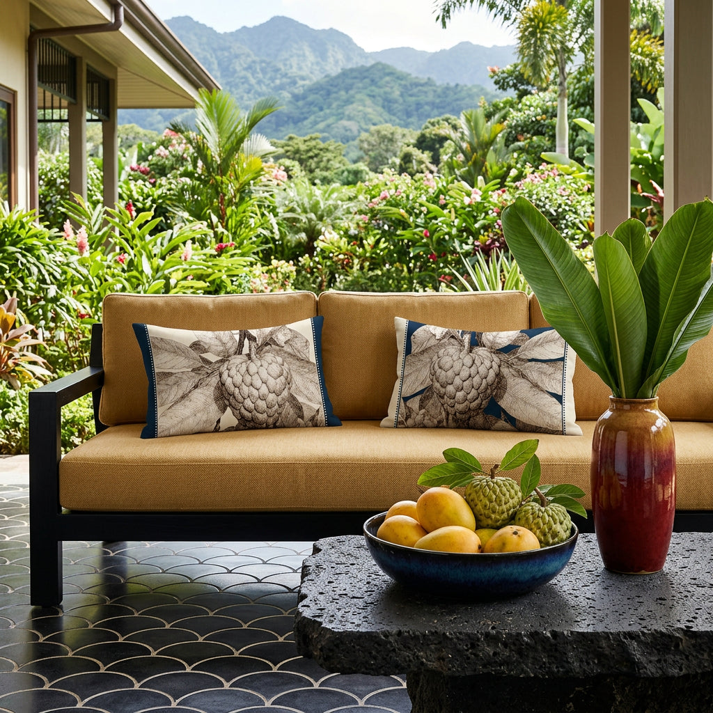 Photographie professionnelle e d'une terrasse d'hôtel vue de face en gros plan sur un canapé moderne en bois noir verni, orné de deux coussins mzelle design motifs attier naturaliste, exposé sur la véranda , vue sur jardin luxuriant, et montagne tropicale.