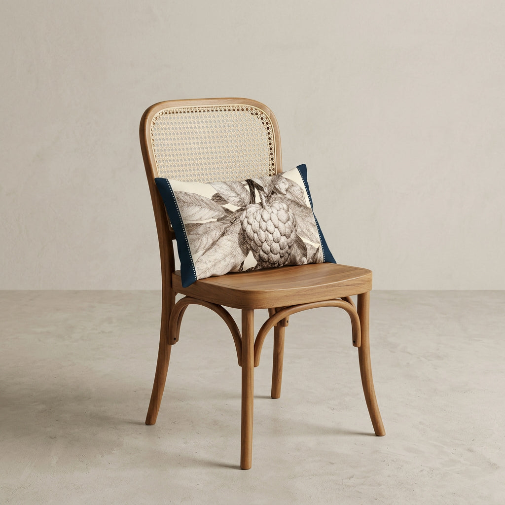 Photographie d'un grand coussin carré mzelle design motif fruit tropical attier, disposé sur un fauteuil de style créole, en bois précieux disposé sur un fond neutre, qualité studio photo. 