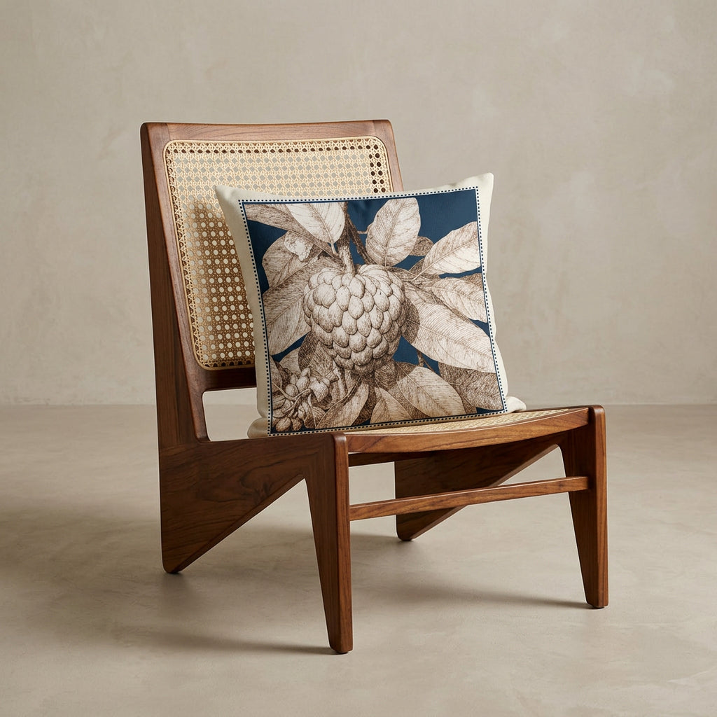 Photographie d'un grand coussin carré mzelle design motif fruit tropical attier, disposé sur un fauteuil de style créole, en bois précieux disposé sur un fond neutre, qualité studio photo. 
