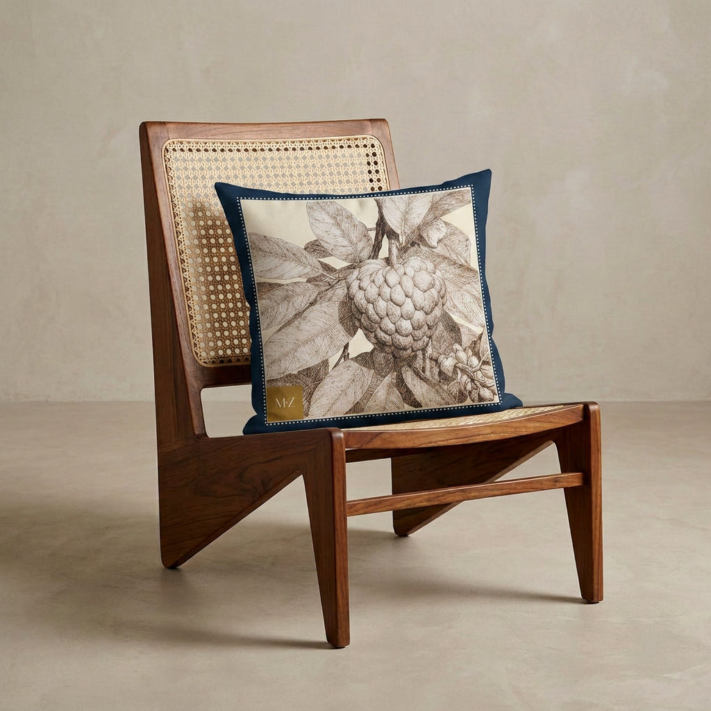 Photographie d'un grand coussin carré mzelle design motif fruit tropical attier, disposé sur un fauteuil de style créole, en bois précieux disposé sur un fond neutre, qualité studio photo. 
