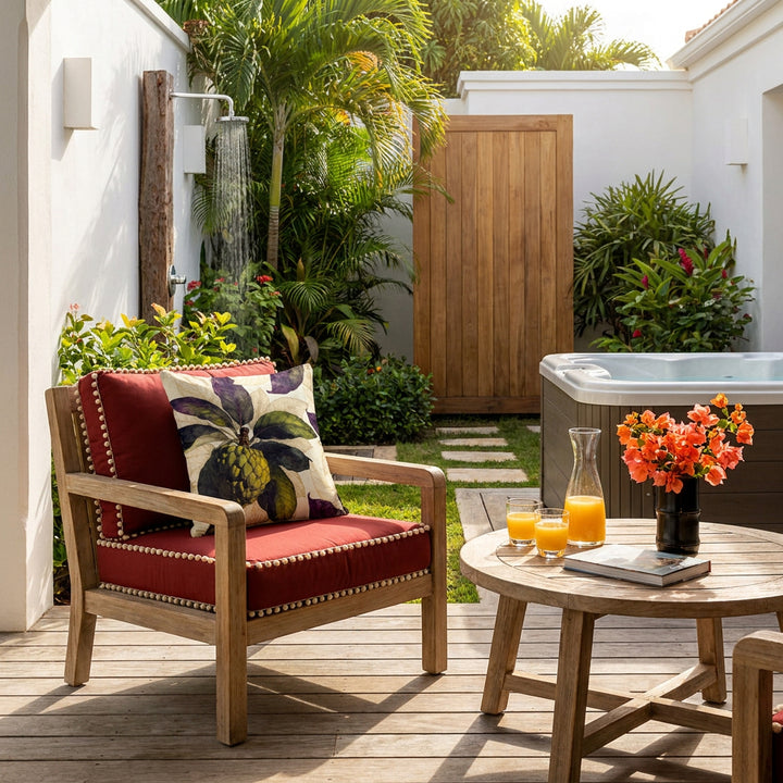 Photo professionnelle décoration de villa, vue d'un fauteuil moderne en bois flotté vernis,  orné d'un large coussin carré mzelle design motif fruit tropical attier, table basse en bois flotté arrondie garnie de verres de jus de fruit et une carafe, un livre et un petit bouquet de bougainvilliers. Vue sur jardin et spa.