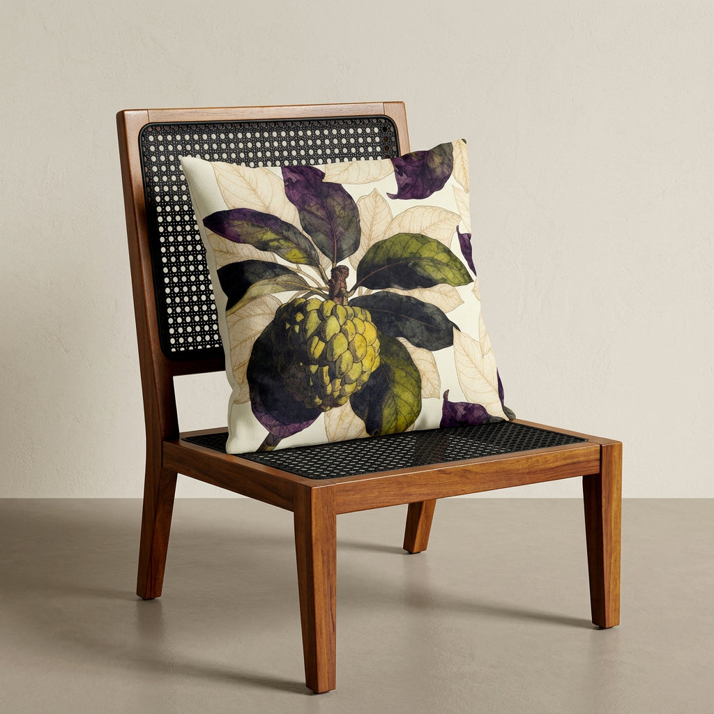 Photographie d'un grand coussin carré mzelle design motif fruit tropical attier, disposé sur une chaise créole en bois de manguier verni, sans accoudoirs, dossier et assise en bois arrondi demi lune, dans décor écru neutre.
