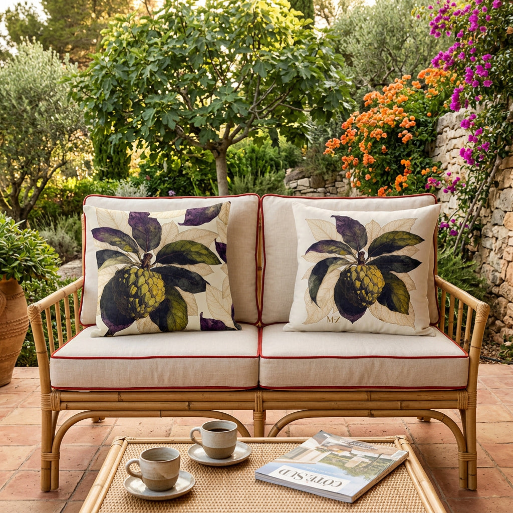 Photo professionnelle de décoration  d'une villa provençale baignée de soleil ,gros plan de face sur une banquette 2 places au design moderne en bambou tressée , ornée de chaque côté d'un large coussin mzelle design motif fruits tropicaux attier, carrelage tomette au sol, table basse en bambou tressé avec 2 tasses de café et un magazine.