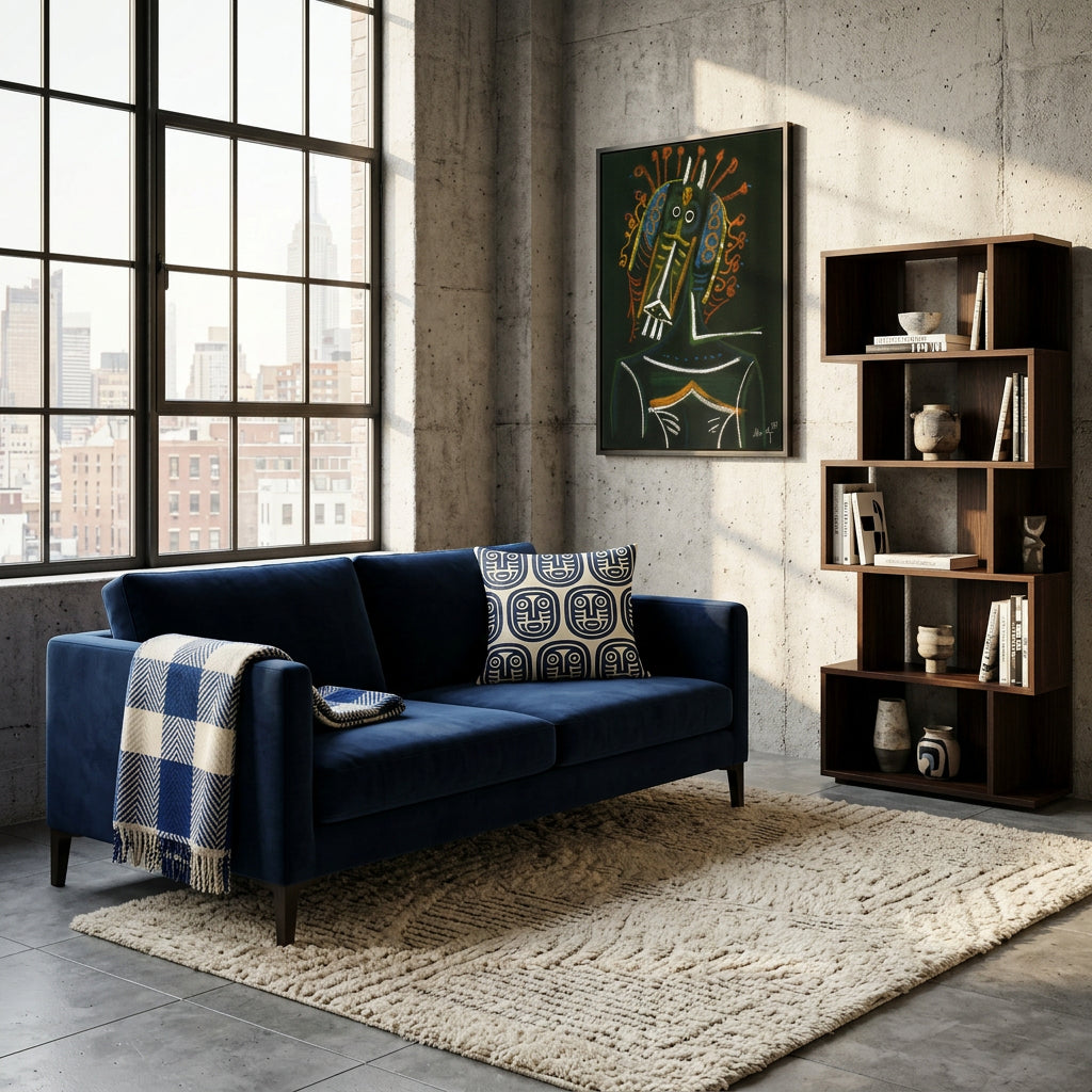 Photo professionnelle décoration d'intérieur, canapé bleu nuit orné d'un coussin mzelle design motif pétroglyphes, dans un loft d'esprit afro-japonais, lumineux et au design intérieur audacieux, agencement avant-gardiste. 