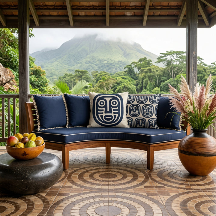 Photographie professionnelle terrasse d'hôtel en Guadeloupe, canapé en demi lune structure en bois d'acacia verni, épaisse et assises twill bleu marine finitions petits pompons écru, orné de coussins mzelle design motifs pétroglyphe. 