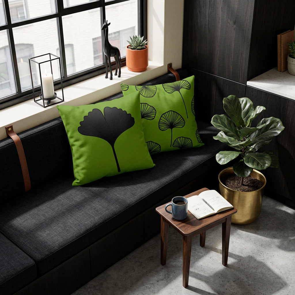 Photographie d’intérieur décoration de loft japan urban chic, banquette en tissu lin noir orné de deux larges coussins carrés mzelle design motifs ginkgo vert et noir, adossés au mur sous une fenêtre industrielle, ficus dans un pot en laiton sur le sol, petite table d'appoint avec une tasse de café en céramique émail mat posée sur un carnet, mur en panneaux de bois noirs et peinture écru, sol en béton ciré.