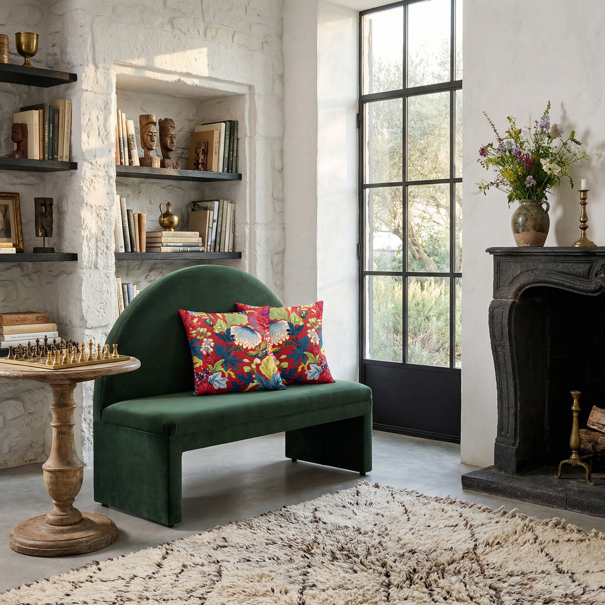 Photographie professionnelle d'un coin lecture inspiré de l'esthétique Castlecore et d'une banquette médiévale en velours vert foncé, en forme d'arche, ornée de deux coussins rouges.