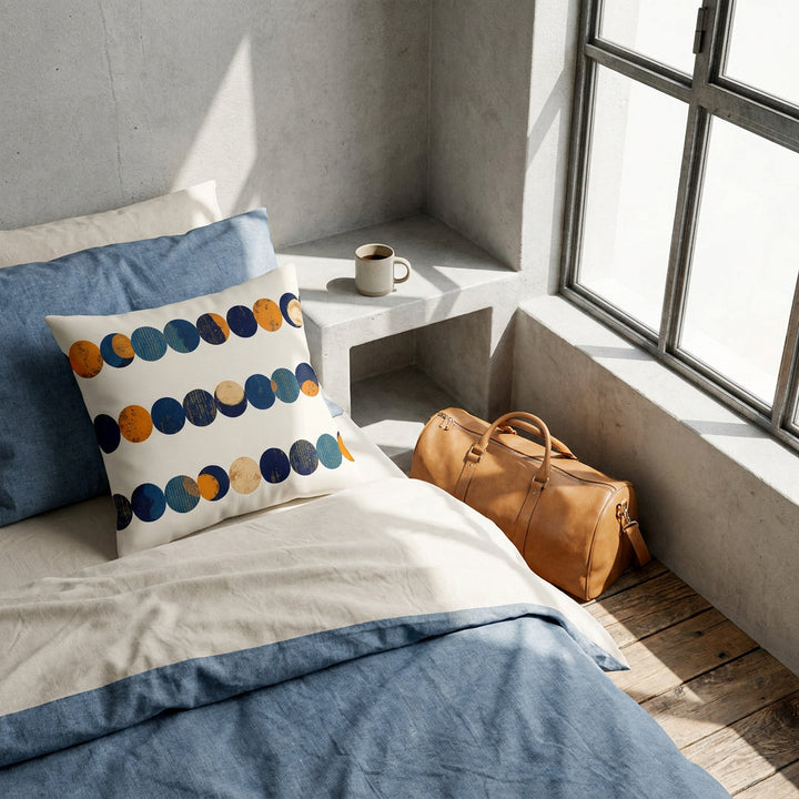 Photographie d’intérieur, chambre moderne minimaliste, vue en plongée en gros plan sur un coussin mzelle design motif graphique, posé sur un lit près d'une fenêtre industrielle, draps en coton de chambray et écru, sac de voyage en cuir camel sur le lit, mur brut ciment gris clair , sol en bois rustique, tasse de café en céramique émail mat sur la table de chevet.