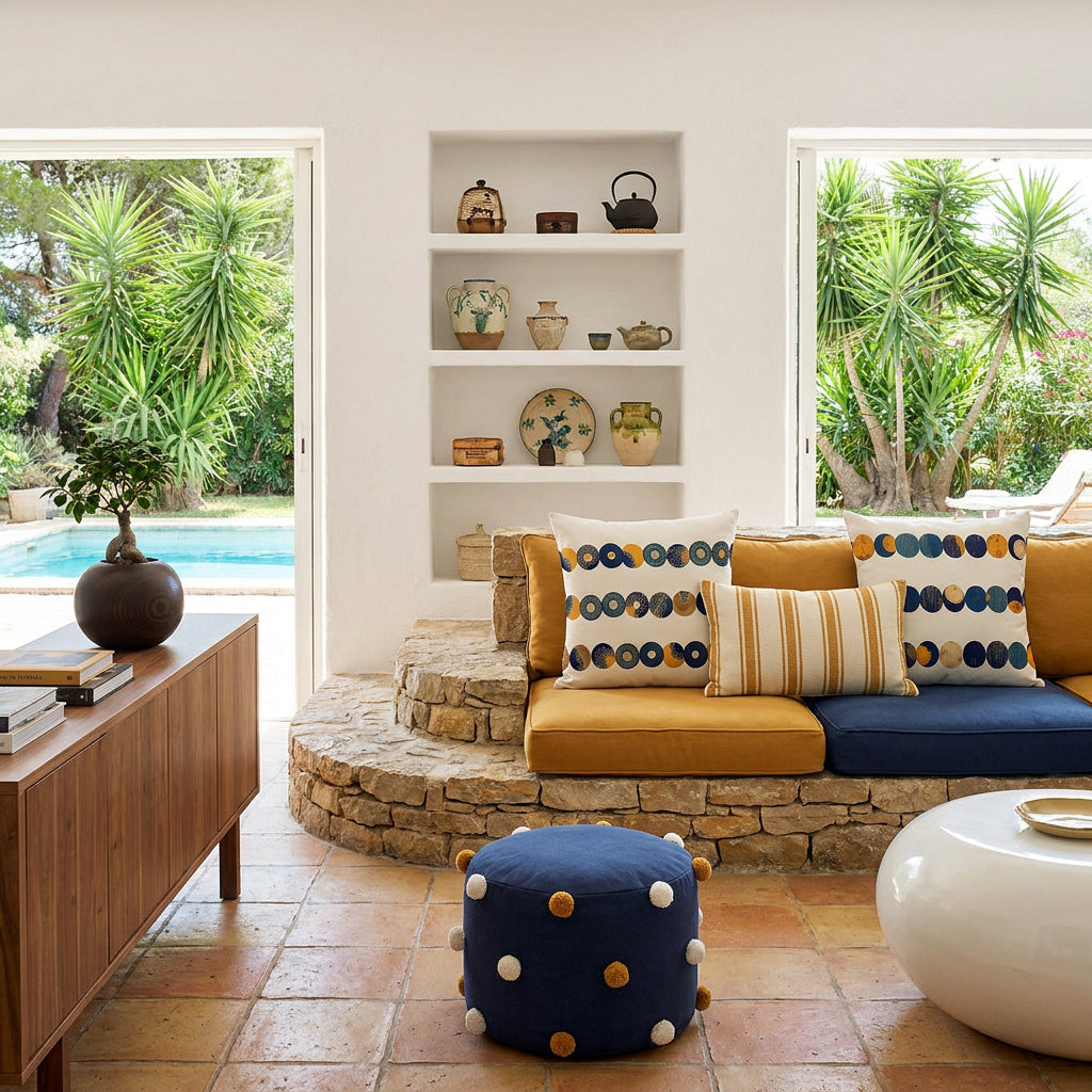 Photo professionnelle de décoration estivale, salon Arty dans une villa provençale , ouverture sur une piscine dans un jardin tropicalisé . Au premier plan un canapé taillé dans la pierre surélevé sur une marche arrondie en pierres rustiques, avec un coussin rectangle rayé écru/ocre au centre, autour 2 coussins larges mzelle design,  et un petit pouf en coton bleu marine à petits pompons blancs, commode et poteries.