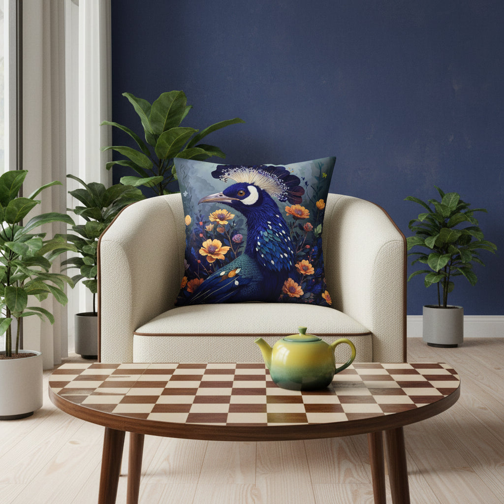 Photographie d'intérieur, Vue de face d'un fauteuil contemporain sans accoudoirs orné d'un large coussin carré au milieu, assises en tweed écru, dossier demi-lune et finitions passepoils marron, lignes épurées. Table basse demi-lune en bois, la surface peinte d'un damier marron cacao et écru, service à thé en céramique dégradé jaune et vert, parquet clair, plantes vertes