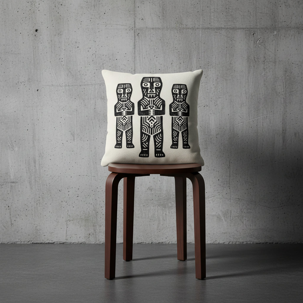 Photographie professionnelle studio,  de haute qualité : un coussin carré mzelle design motifs figuratifs, disposé sur un tabouret en bois noir de wengé, design moderne, disposé contre un mur brutaliste, dans un décor neutre, sobre, sol en ciment gris foncé.