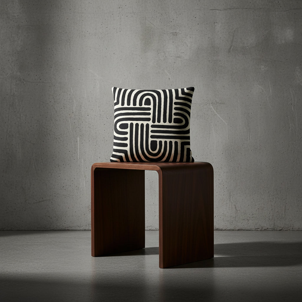 Photographie professionnelle studio,  de haute qualité : un coussin carré mzelle design motif graphique noir et blanc, disposé sur un tabouret en bois noir de wengé, design moderne, disposé contre un mur brutaliste, dans un décor neutre.