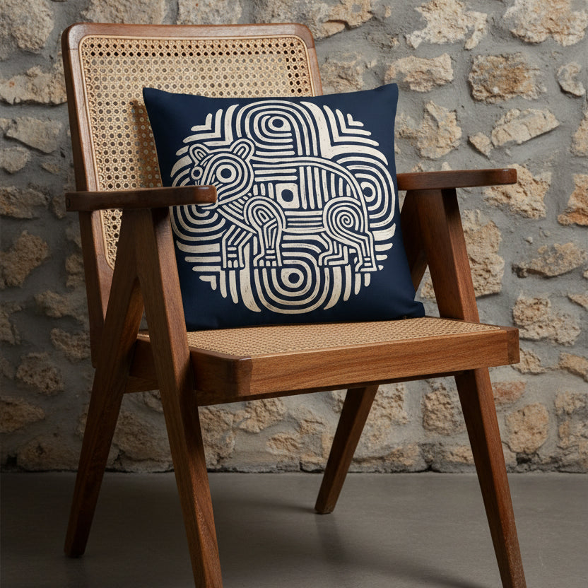 Photographie professionnelle studio de décoration haut de gamme : un coussin carré disposé sur une chaise créole en bois d'acacia rustique au design vintage, dossier et assise en cannage beige, disposé contre un mur de pierres naturelles dans un décor neutre.