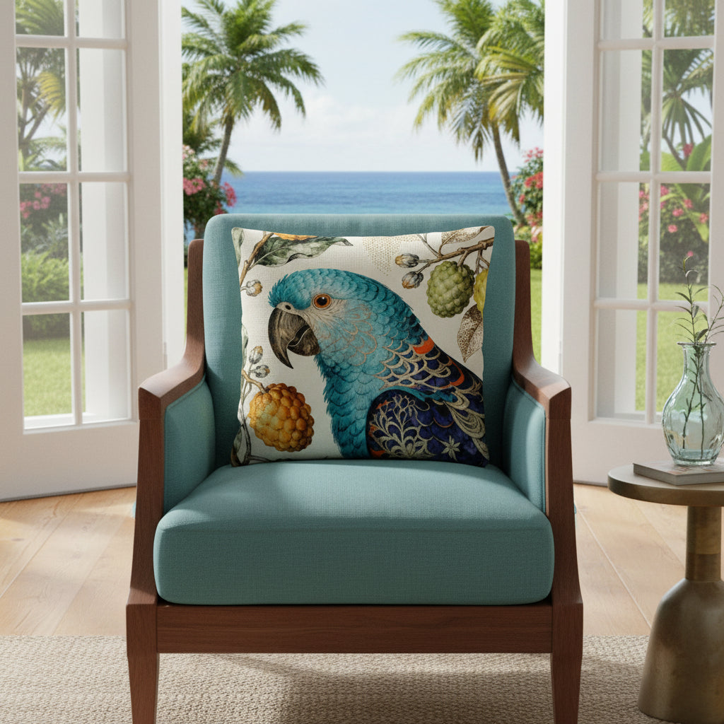 Photo professionnelle de décoration hautement détaillée, scène baignée de soleil , gros plan de face sur un fauteuil placé dans un salon style créole chic, fauteuil en bois de wengé, assises turquoises en lin, orné d'un large coussin carré mzelle design motif perroquet bleu, en arrière plan jardin tropical avec vue sur mer, atmosphère invitante et haut de gamme.