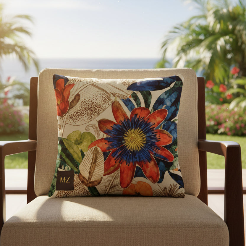 Photo professionnelle de décoration hautement détaillée, scène baignée de soleil , gros plan de face sur un fauteuil placé dans un salon style créole chic, fauteuil en bois de wengé, assises en lin, orné d'un large coussin carré mzelle design motif tropical, en arrière plan jardin tropical avec vue sur mer, atmosphère invitante et haut de gamme.