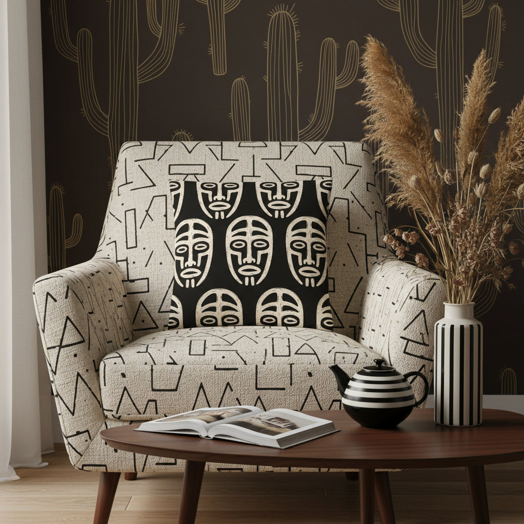 Photographie d'intérieur, vue de face d'un fauteuil triangulaire orné d'un coussin carré, contre un mur décoré d'un papier peint marron foncé avec cactus stylisés ocres , atmosphère chaleureuse et zen