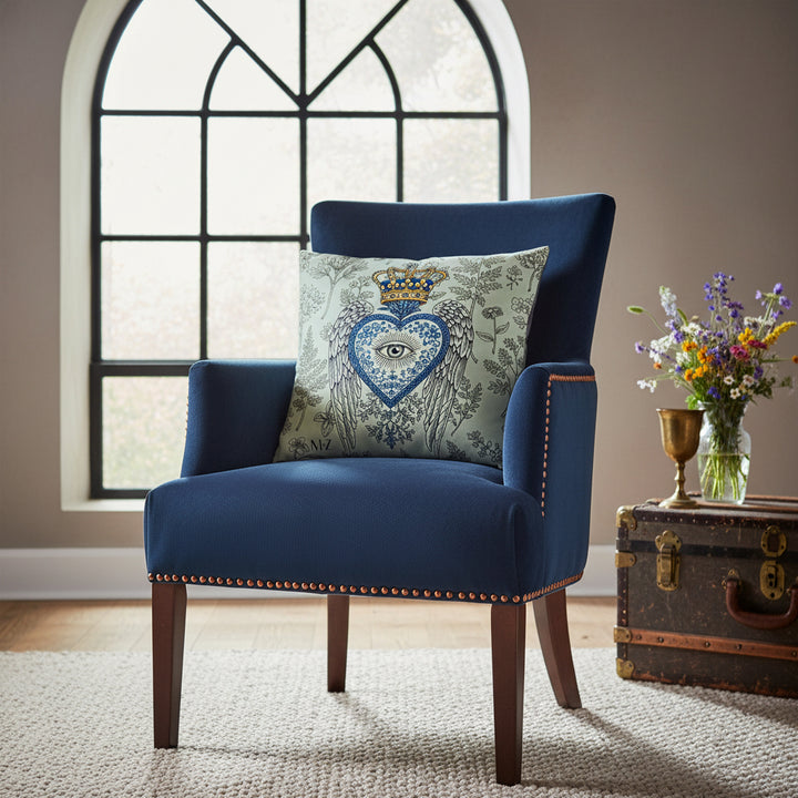 Photographie professionnelle de décoration d'intérieur, chambre inspirée de l'esthétique Castlecore mêlée à un design contemporain. Gros plan de 3/4 sur une chaise Empire assise bleu nuit et rivets cuivrés, ornée d'un large coussin carré