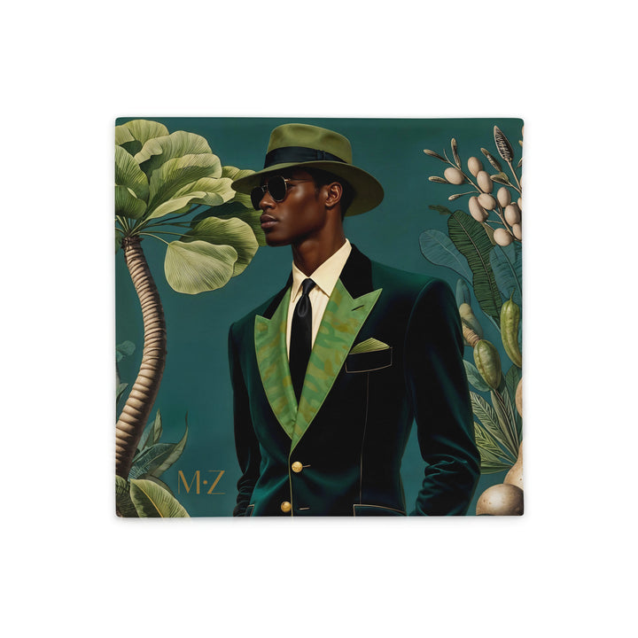 Housse de Coussin Mzelle Design thème AFRIQUE portrait de Sapeur congolais, bel homme en costume en velours, chapeau et lunettes, végétation sur fond bleu-vert, décoration chic
