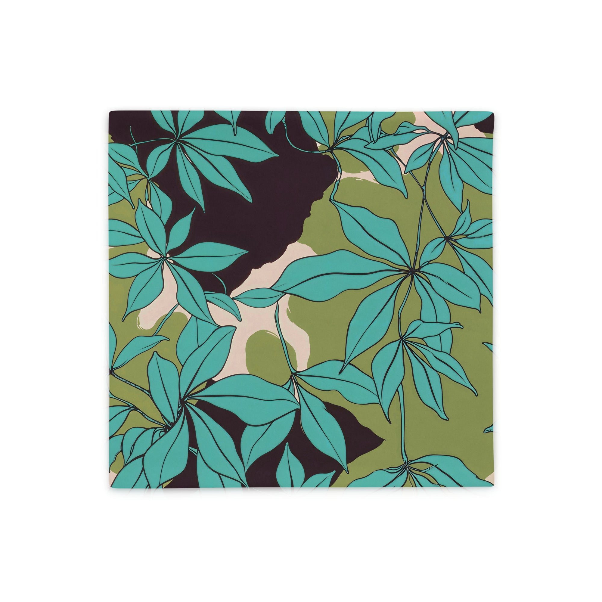 Housse de coussin décorative satinée MZelle Design format carré  imprimée eucalyptus fantaisie moderne coloris vifs turquoise et vert.