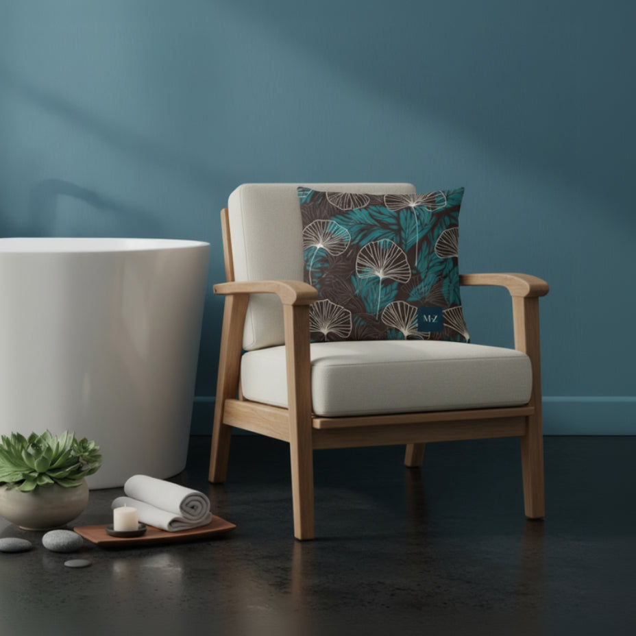 Décoration d'interieur avec un fauteuil orné d'un Coussin décoratif style moderne Mzelle design, aux motifs all over feuille de ginkgo délicatement stylisés, fleurs écru sur fond marron foncé.