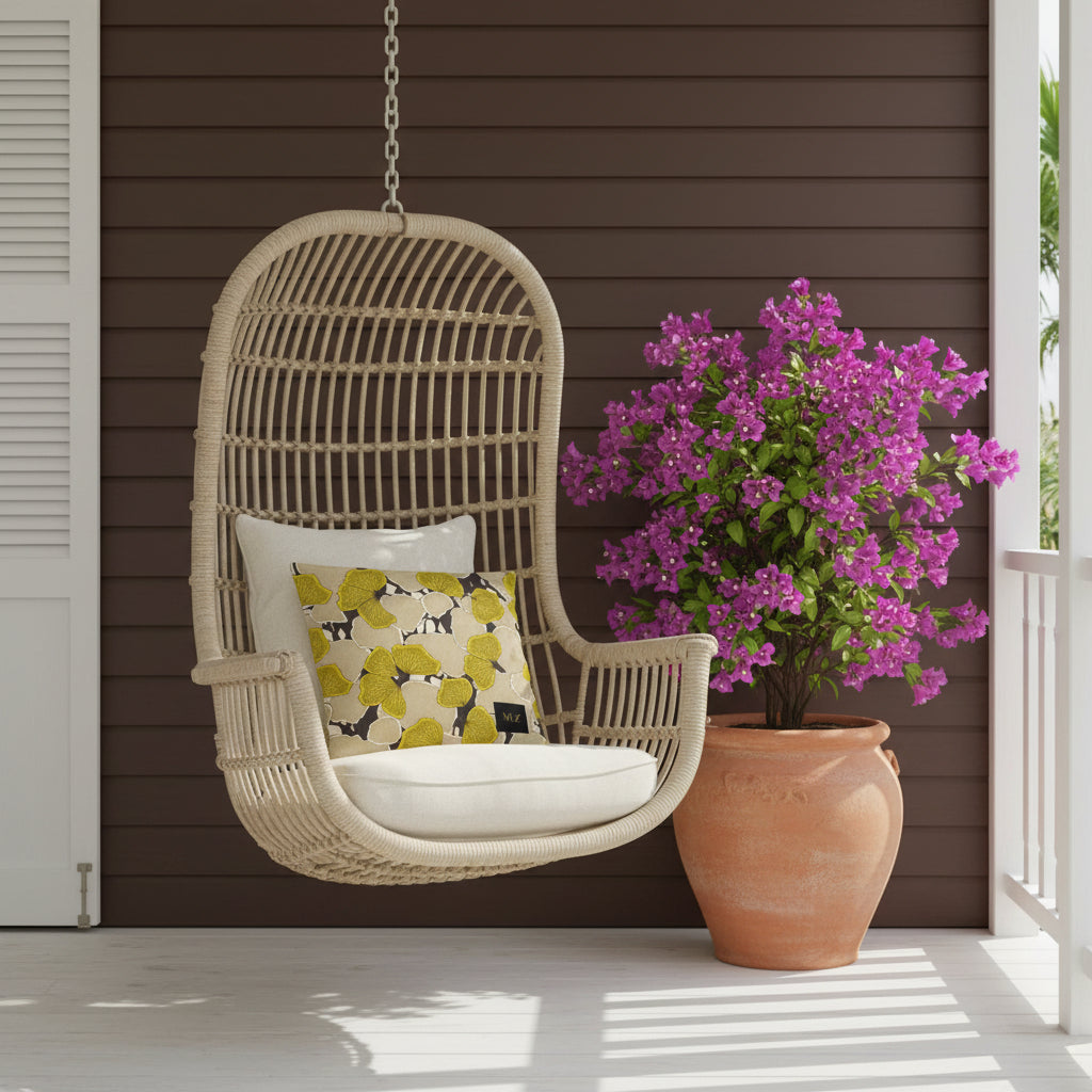 Décoration extérieur véranda avec un coussin carré posé sur un faauteuil suspendu, a côté d'un pot avec un bougainvillier
