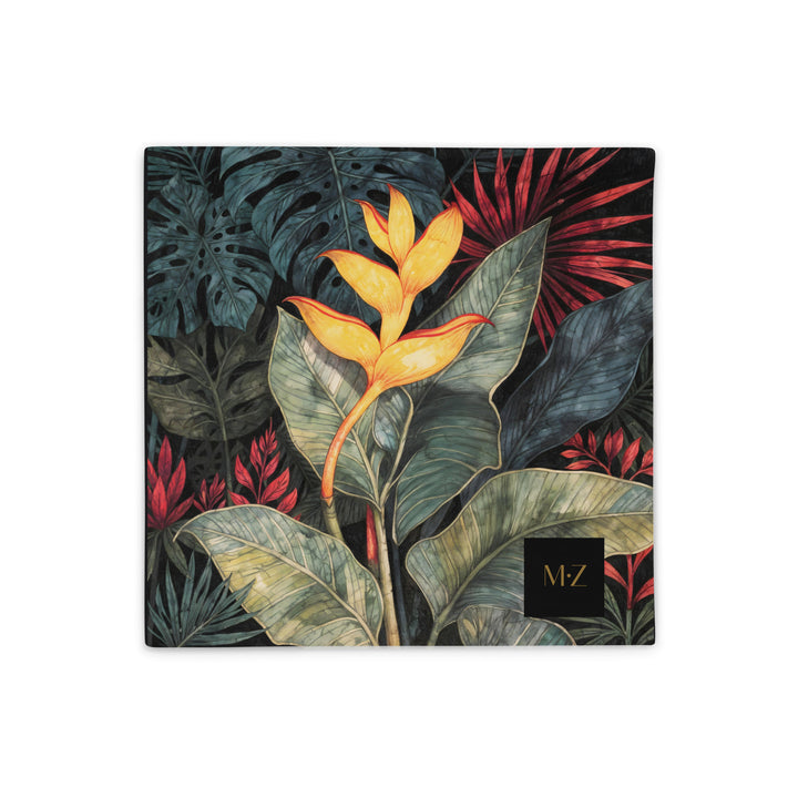 Housse de Coussin Mzelle Design Décoration Tropicale Motif de Fleur de Balisier Héliconia sur un fond de feuilles style aquarelle